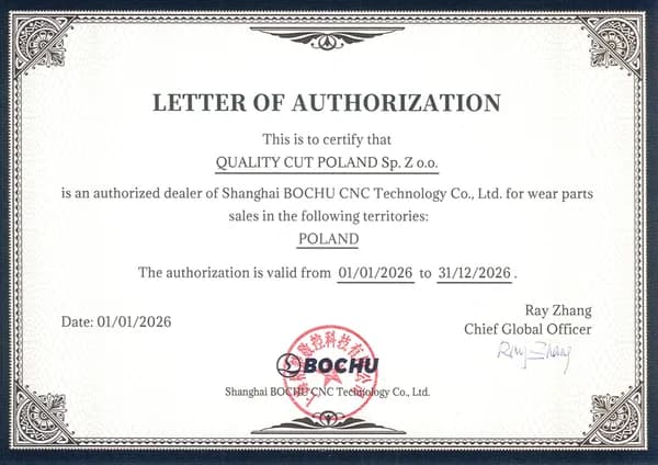 Certyfikat autoryzacji — Quality Cut Poland Sp. z o.o. jako autoryzowany dealer Shanghai BOCHU CNC Technology