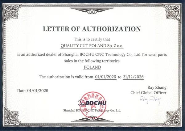 Certyfikat autoryzowanego dystrybutora Bochu